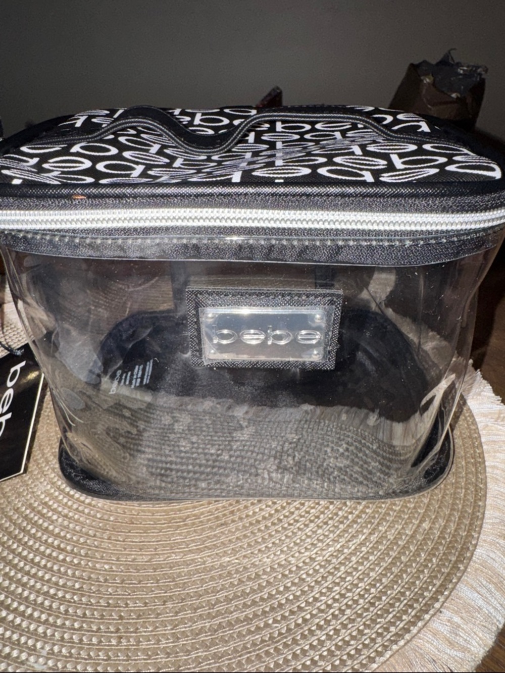bebe Clear Travel Toiletry Bag with Black Trim and Logo Plaque